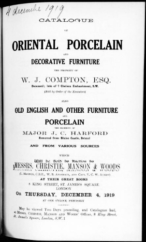 Catalogue of oriental porcelain and decorative furniture the property of W. J. Compton, Esquire [...] : [vente du 4 décembre 1919]