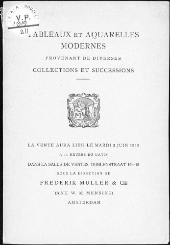 Tableaux et aquarelles modernes provenant de diverses collections et successions [...] : [vente du 3 juin 1919]