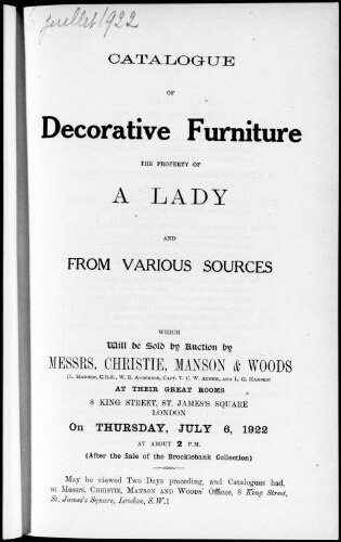 Catalogue of decorative furniture, the property of a lady and from various sources [...] : [vente du 6 juillet 1922]