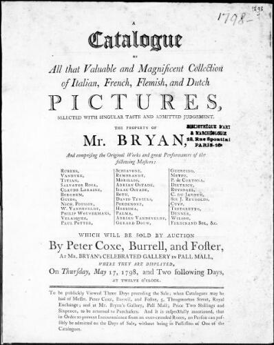 Catalogue of all that valuable and magnificient collection of Italian, French, Flemish, and Dutch pictures [...] : [vente du 17 mai 1798]