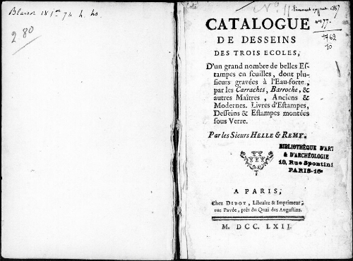 Catalogue de dessins des trois écoles, d'un grand nombre de belles estampes [...] : [vente du 13 décembre 1762]