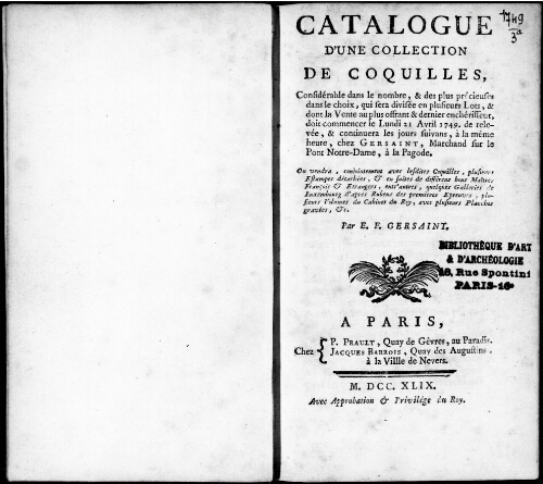 Catalogue d'une collection de coquilles [...] : [vente du 21 avril 1749]