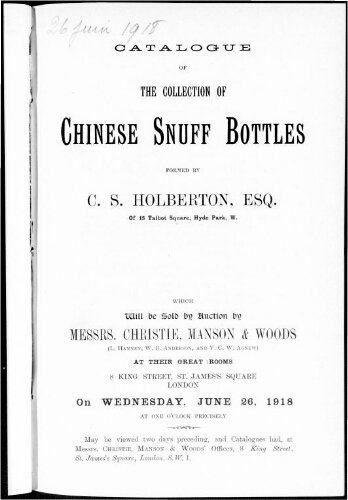 Catalogue of the collection of Chinese snuff bottles […] : [vente du 26 juin 1918]