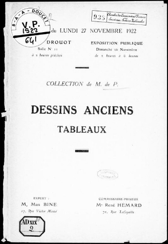 Collection de M. de P. Dessins anciens, tableaux : [vente du 27 novembre 1922]