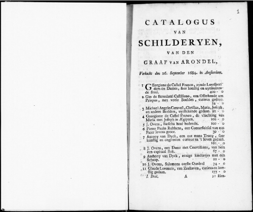 Catalogus van Schilderyen van den Graff van Arondel [...] : [vente du 26 septembre 1684]