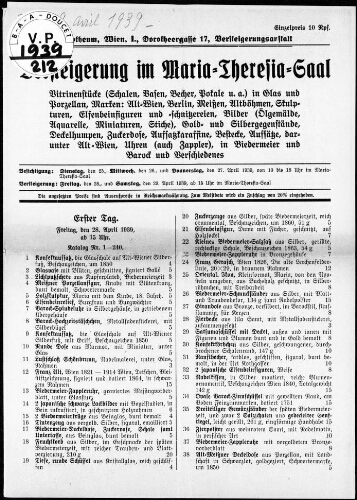 Versteigerung im Maria-Theresia-Saal: Vitrinenstücke (Schalen, Vasen, Becher, Pokale u.a.) in Glas und Porzellan […] : [vente des 28 et 29 avril 1939]
