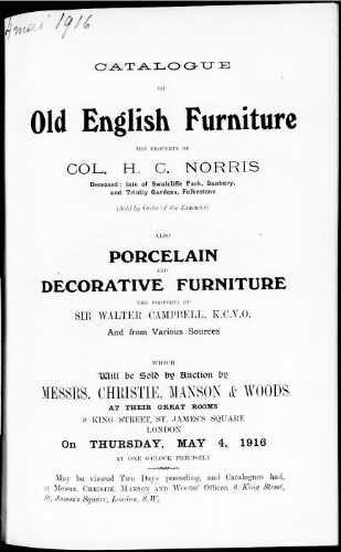 Catalogue of old English furniture […] : [vente du 4 mai 1916]