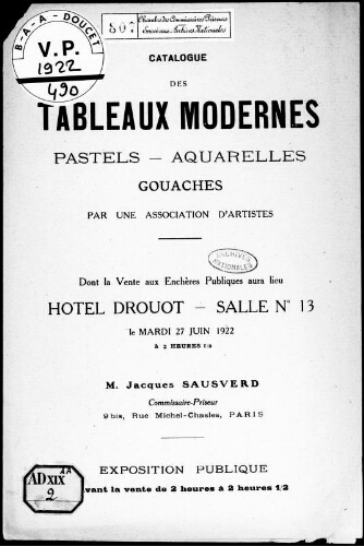 Catalogue des tableaux modernes, pastels, aquarelles, gouaches, par une association d'artistes [...] : [vente du 27 juin 1922]
