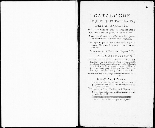 Catalogue de quelques tableaux, dessins encadrés, bustes en marbre [...] : [vente du 21 mars 1795]