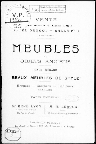 Meubles et objets anciens [...] : [vente du 5 mars 1920]