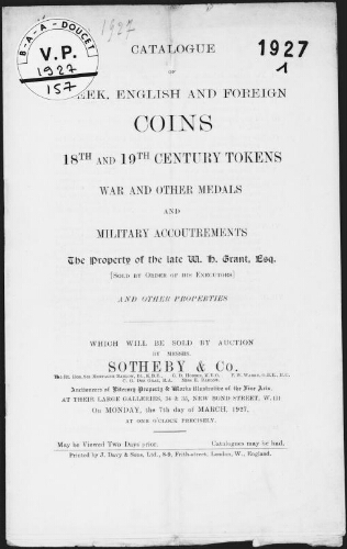 Catalogue of Greek, English and foreign coins [...], the property of the late W. H. Grant [...] : [vente du 7 mars 1927]