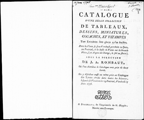 Catalogue d’une belle collection de tableaux, dessins, miniatures, gouaches, et estampes [...] : [vente du 10 juin 1796]