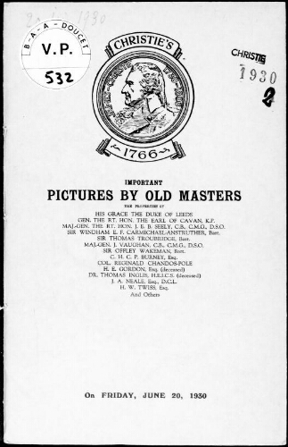 Important pictures by old masters, the properties of His Grace the Duke of Leeds [...] : [vente du 20 juin 1930]