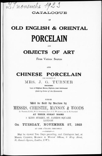 Catalogue of old English and oriental porcelain and objects of art [...] : [vente du 27 novembre 1923]