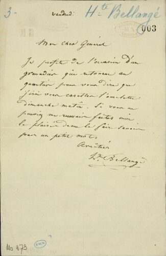 Hippolyte Bellangé. Lettre autographe signée adressée à un général