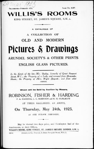 Catalogue of a collection of old and modern pictures & drawings, Arundel's Society's & other prints, English glass pictures [...] : [vente du 24 mai 1923]
