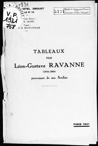 Tableaux par Léon-Gustave Ravanne (1854-1904) provenant de son atelier : [vente du 21 décémbre 1931]