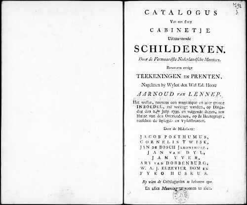 Catalogus van een fraay cabinetje uitmuntende schilderyen [...] : [vente du 24 juillet 1792]