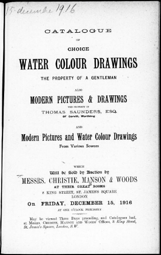 Catalogue of choice water colour drawings […] : [vente du 15 décembre 1916]