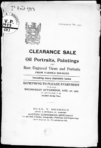 Clearance sale. Oil portraits, paintings and rare engraved views and portraits from various sources [...] : [vente du 1er août 1923]