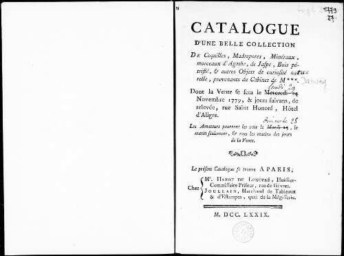 Catalogue d’une belle collection de coquilles, madrépores, minéraux, morceaux d’agate, de jaspe, bois pétrifié, et autres objets de curiosité naturelle [...] : [vente du 29 novembre 1779]