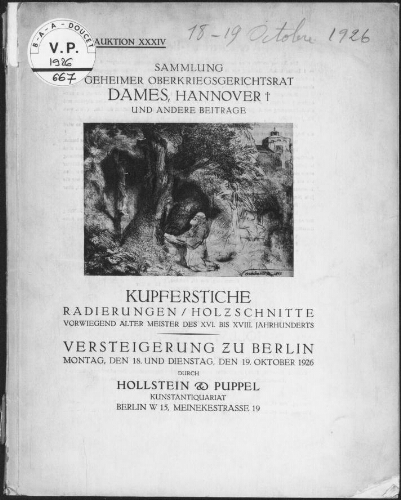 Sammlung geheimer Oberkriegsgerichtsrat Dames, Hannover, und andere Beiträge [...] : [vente des 18 et 19 octobre 1926]
