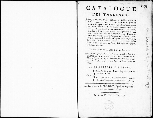Catalogue des tableaux, pastels, gouaches, dessins, estampes [...] : [vente du 21 août 1797]