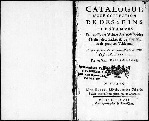 Catalogue d'une collection de dessins et estampes des meilleurs maîtres des trois écoles d'Italie, de Flandres et de France [...] : [vente du 26 janvier 1767]