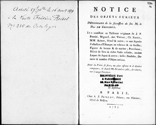 Notice des objets curieux dépendant de la succession de feu M. le duc de Choiseul [...] : [vente du 18 décembre 1786]