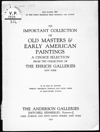 An important collection of old masters and early American paintings [...] : [vente des 9 et 10 mai 1922]