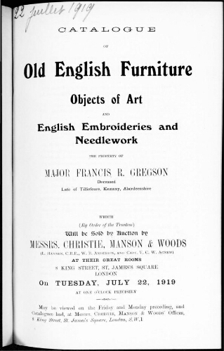 Catalogue of old English furniture, objects of art and English embroideries and needlework [...] : [vente du 22 juillet 1919]