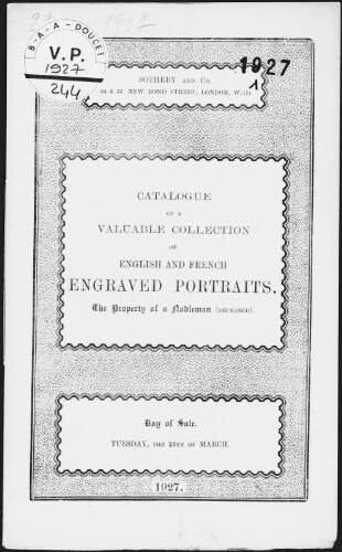 Catalogue of a valuable collection of English and French engraved portraits, the property of a nobleman (deceased) : [vente du 29 mars 1927]