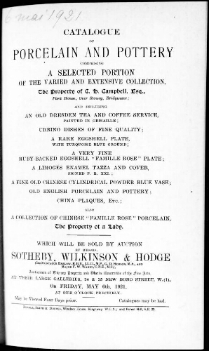Catalogue of Porcelain and Pottery [...] : [vente du 6 mai 1921]