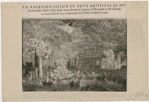 Représentation de deux artifices de feu et triomphes faits à Paris sur la rivière devant le Louvre, Le dimanche 25 et le jeudi 29, jours d'août 1613 en l'honneur de la Fête de Saint Louis