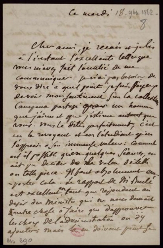 Lettre autographe signée de Eugène Delacroix à un ami [18 novembre 1862]