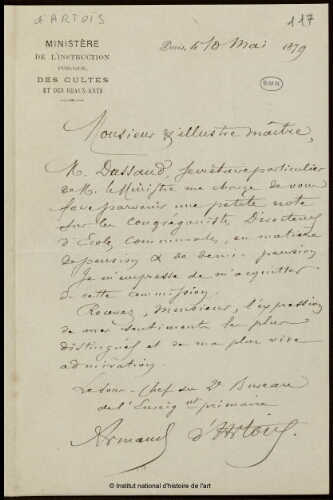 Lettre d'Arnaud d'Artois à Jean-Louis-Ernest Meissonier, 10 mai 1879