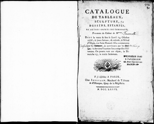 Catalogue de tableaux, sculpture, dessins, estampes, et autres objets de curiosité : [vente du 14 octobre 1776]