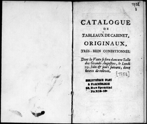Catalogue de tableaux de cabinet originaux très bien conditionnés : [vente du 19 juin 1752]