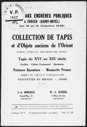 Collection de tapis et d'objets anciens de l'Orient [...] : [vente des 15 et 16 octobre 1925]