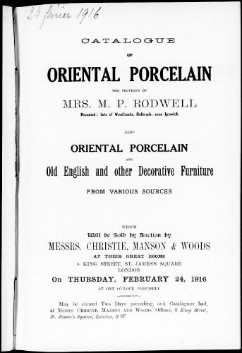 Catalogue of Oriental porcelain […] : [vente du 24 février 1916]