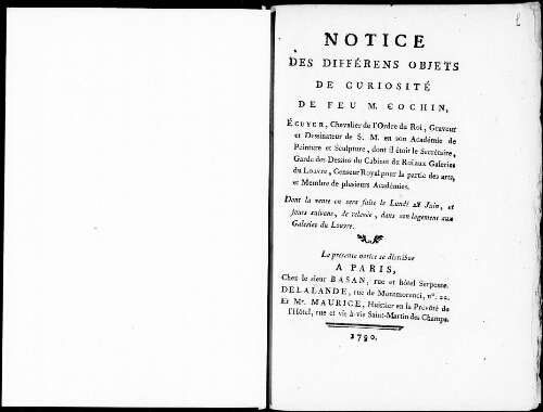 Notice des différents objets de curiosité de feu M. Cochin [...] : [vente du 21 juin 1790]