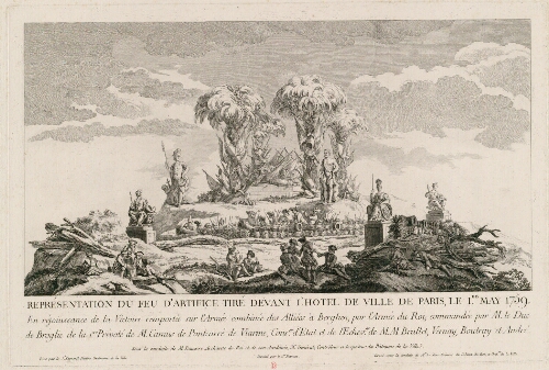 Représentation du feu d'artifice tiré devant l'Hôtel de Ville de Paris, Le 1er mai 1759 [...]