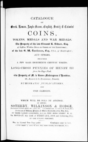 Catalogue of Greek, Roman, Anglo-Saxon, English, Scotch and colonial coins, tokens, medals and war medals [...] : [vente du 24 février 1919]