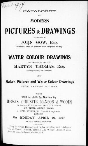 Catalogue of modern pictures and drawings […] : [vente du 16 avril 1917]