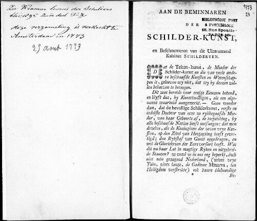[Catalogus van een uitmuntend en Overheerlyk Kabinet konstige Schilderyen, door de voornaamste Nederlandsche Meesters [...] : vente du 25 août 1773]