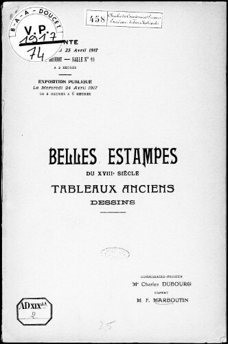 Catalogue des estampes anciennes principalement des écoles anglaise et française du XVIIIe siècle […] : [vente du 25 avril 1917]
