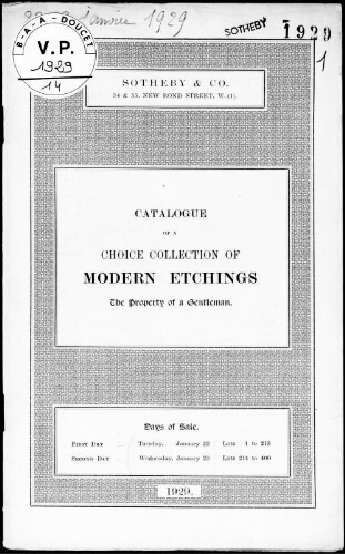 Catalogue of a choice collection of modern etchings, the property of a gentleman : [vente des 22 et 23 janvier 1929]