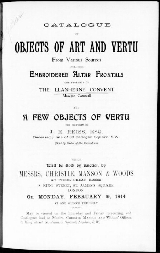 Catalogue of objects of art and vertu from various sources [...] : [vente du 9 février 1914]