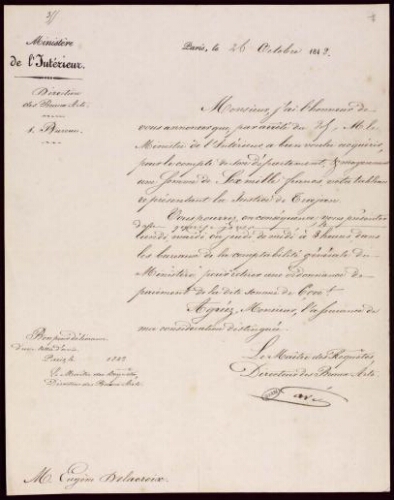 Lettre d'Edmond Cavé à Eugène Delacroix, Paris, 26 octobre 1842