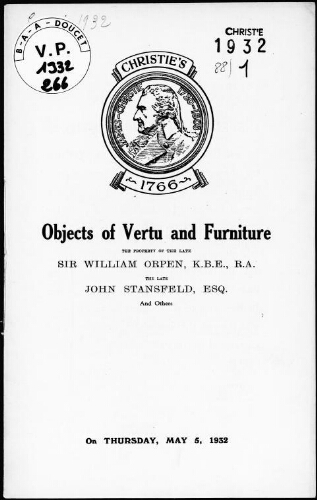 Objects of vertu and furniture, the property of the late Sir William Orpen [...] : [vente du 5 mai 1932]
